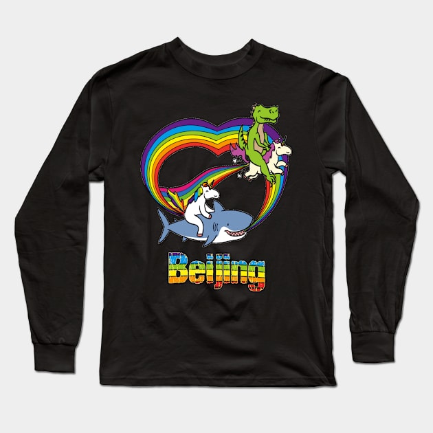 Beijing Gift Dinosaur riding Unicorn T Rex Racing Shark Kids Boy Girl Teen Baby Cute Funny Rainbow Cool Long Sleeve T-Shirt by Argosy